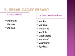 a. cacat keadilan

Mubham
 Matruk
 Majhul


b. Cacat ke-dhabith-an

Munkar
 Mu’allal
 Mudarraj
 Maqlub
 Mudhtharib
 Muharraf
 Mushahhaf
 Syadzdz


 