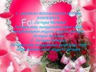 C. Jaringan Berdasarkan Metode
               Koneksinya
           1. Jaringan Berkabel
  Jaringan yang menggunakan kabel untuk
 menghubungkan anggota anggota jaringan
            Jaringan Berkabel
           2. Jaringan Nirkabel
Jaringan yang menggunakan gelombang radio
   untuk koneksi antar anggota jaringan
 