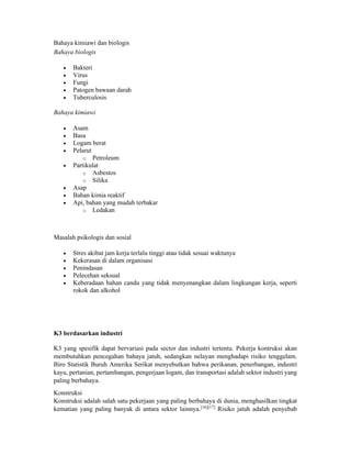 Bahaya kimiawi dan biologis
Bahaya biologis
 Bakteri
 Virus
 Fungi
 Patogen bawaan darah
 Tuberculosis
Bahaya kimiawi
 Asam
 Basa
 Logam berat
 Pelarut
o Petroleum
 Partikulat
o Asbestos
o Silika
 Asap
 Bahan kimia reaktif
 Api, bahan yang mudah terbakar
o Ledakan
Masalah psikologis dan sosial
 Stres akibat jam kerja terlalu tinggi atau tidak sesuai waktunya
 Kekerasan di dalam organisasi
 Penindasan
 Pelecehan seksual
 Keberadaan bahan candu yang tidak menyenangkan dalam lingkungan kerja, seperti
rokok dan alkohol
K3 berdasarkan industri
K3 yang spesifik dapat bervariasi pada sector dan industri tertentu. Pekerja kontruksi akan
membutuhkan pencegahan bahaya jatuh, sedangkan nelayan menghadapi risiko tenggelam.
Biro Statistik Buruh Amerika Serikat menyebutkan bahwa perikanan, penerbangan, industri
kayu, pertanian, pertambangan, pengerjaan logam, dan transportasi adalah sektor industri yang
paling berbahaya.
Konstruksi
Konstruksi adalah salah satu pekerjaan yang paling berbahaya di dunia, menghasilkan tingkat
kematian yang paling banyak di antara sektor lainnya.[16][17]
Risiko jatuh adalah penyebab
 