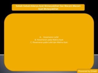 Sebab-SebabAdanya Ayat Mutasyabihat Dan Macam-Macam
Ayat Mutasyabihat
A. Kesamaran Lafal
B. Kesamaran pada Makna Ayat
C. Kesamaran pada Lafal dan Makna Ayat
Powered by SHadi
 