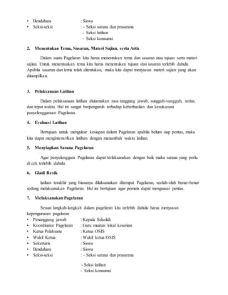 • Bendahara : Siswa
• Seksi-seksi : – Seksi sarana dan prasarana
- Seksi latihan
- Seksi konsumsi
2. Menentukan Tema, Sasaran, Materi Sajian, serta Artis
Dalam suatu Pagelaran kita harus menentukan tema dan sasaran atau tujuan serta materi
sajian. Untuk menentuakan tema kita harus menentukan tujuan dan sasaran terlebih dahulu.
Apabila sasaran dan tema telah ditentukan, maka kita dapat menyusun materi sajian yang akan
ditampilkan.
3. Pelaksanaan Latihan
Dalam pelaksanaan latihan diutamakan rasa tanggung jawab, sungguh-sungguh, serius,
dan tepat waktu. Hal ini sangat berpengaruh terhadap keberhasilan dan kesuksesan
penyelenggaraan Pagelaran.
4. Evaluasi Latihan
Bertujuan untuk mengukur kesiapan dalam Pagelaran apabila belum siap pentas, maka
kita dapat mengintensifkan latihan dengan menambah waktu latihan.
5. Menyiapkan Sarana Pagelaran
Agar penyelenggara Pagelaran dapat terlaksanakan dengan baik maka sarana yang perlu
di cek terlebih dahulu.
6. Gladi Resik
latihan terakhir yang biasanya dilaksanakan ditempat Pagelaran, seolah-olah benar-benar
sedang melaksanakan Pagelaran. Hal ini bertujuan agar pemain dapat menguasai pentas.
7. Melaksanakan Pagelaran
Sesuai langkah-langkah dalam pagelaran kita terlebih dahulu harus menyusun
kepengurusan pagelaran
• Penanggung jawab : Kepala Sekolah
• Koordinator Pagelaran : Guru muatan lokal kesenian
• Ketua Pelaksana : Ketua OSIS
• Wakil Ketua : Wakil ketua OSIS
• Sekertaris : Siswa
• Bendahara : Siswa
• Seksi-seksi : – Seksi sarana dan prasarana
- Seksi latihan
- Seksi konsumsi
 