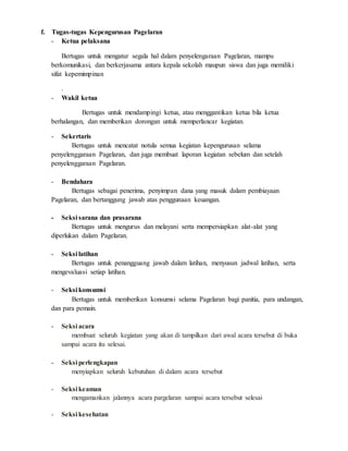 f. Tugas-tugas Kepengurusan Pagelaran
- Ketua pelaksana
Bertugas untuk mengatur segala hal dalam penyelengaraan Pagelaran, mampu
berkomunikasi, dan berkerjasama antara kepala sekolah maupun siswa dan juga memiliki
sifat kepemimpinan
.
- Wakil ketua
Bertugas untuk mendampingi ketua, atau menggantikan ketua bila ketua
berhalangan, dan memberikan dorongan untuk memperlancar kegiatan.
- Sekertaris
Bertugas untuk mencatat notula semua kegiatan kepengurusan selama
penyelenggaraan Pagelaran, dan juga membuat laporan kegiatan sebelum dan setelah
penyelenggaraan Pagelaran.
- Bendahara
Bertugas sebagai penerima, penyimpan dana yang masuk dalam pembiayaan
Pagelaran, dan bertanggung jawab atas penggunaan keuangan.
- Seksi sarana dan prasarana
Bertugas untuk mengurus dan melayani serta mempersiapkan alat-alat yang
diperlukan dalam Pagelaran.
- Seksi latihan
Bertugas untuk penangguang jawab dalam latihan, menyusun jadwal latihan, serta
mengevaluasi setiap latihan.
- Seksi konsumsi
Bertugas untuk memberikan konsumsi selama Pagelaran bagi panitia, para undangan,
dan para pemain.
- Seksi acara
membuat seluruh kegiatan yang akan di tampilkan dari awal acara tersebut di buka
sampai acara itu selesai.
- Seksi perlengkapan
menyiapkan seluruh kebutuhan di dalam acara tersebut
- Seksi keaman
mengamankan jalannya acara pargelaran sampai acara tersebut selesai
- Seksi kesehatan
 