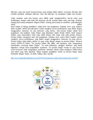 informasi yang ada seperti konsep-konsep yang terdapat dalam pikiran seseorang. Skemata akan
berubah manakala mendapat informasi baru, dan informasi itu merupakan bagian dari skemata.
Untuk membuat suatu peta konsep, siswa dilatih untuk mengidentifikasi ide-ide kunci yang
berhubungan dengan suatu topik dan menyusun ide-ide tersebut dalam suatu pola logis. Kadang-
kadang peta konsep merupakan diagram hirarki, kadang peta konsep itu memfokus pada hubungan
sebab akibat.
Hasil belajar di bidang pendidikan adalah hasil dari pengukuran terhadap siswa yang meliputi
faktor kognitif, afektif dan psikomotor setelah mengikuti proses pembelajaran yang diukur dengan
menggunakan instrumen tes atau instrumen yang relevan. Jadi prestasi belajar adalah hasil
pengukuran dari penilaian usaha belajar yang dinyatakan dalam bentuk simbol, huruf maupun
kalimat yang menceritakan hasil yang sudah dicapai oleh setiap anak pada periode tertentu.
Prestasi belajar merupakan hasil dari pengukuran terhadap siswa seperti faktor kognitif setelah
mengikuti proses pembelajaran yang diukur dengan menggunakan instrumen tes yang relevan.
Prestasi belajar dapat diukur melalui tes yang sering dikenal dengan tes prestasi belajar. Menurut
Anwar (2005:8-9) bahwa ”Tes prestasi belajar bila dilihat dari tujuannya yaitu mengungkap
keberhasilan seseorang dalam belajar”. Tes pada hakikatnya menggali informasi yang dapat
digunakan sebagai dasar pengambilan keputusan. Tes prestasi belajar berupa tes yang disusun
secara terencana untuk mengungkap performasi maksimal subyek dalam menguasai bahan-bahan
atau materi yang telah diajarkan. Dalam kegiatan pendidikan formal tes prestasi belajar dapat
berbentuk ulangan harian, tes akhir, bahkan ujian sekolah.
http://www.langkahpembelajaran.com/2015/03/pengertian-model-peta-konsep-dan-ciri.html
 