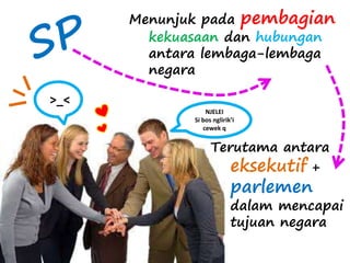 Menunjuk pada pembagian 
kekuasaan dan hubungan 
antara lembaga-lembaga 
negara 
Terutama antara 
eksekutif + 
parlemen 
dalam mencapai 
tujuan negara 
>_< 
NJELEI 
Si bos nglirik’i 
cewek q 
 