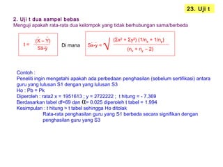 2. Uji t dua sampel bebas
Menguji apakah rata-rata dua kelompok yang tidak berhubungan sama/berbeda
α
23. Uji t
t =
(X – Y)
Sx-y
Di mana Sx-y =
(Σx2
+ Σy2
) (1/nx + 1/ny)
√ (nx + ny – 2)
Contoh :
Peneliti ingin mengetahi apakah ada perbedaan penghasilan (sebelum sertifikasi) antara
guru yang lulusan S1 dengan yang lulusan S3
Ho : Pb = Pk
Diperoleh : rata2 x = 1951613 ; y = 2722222 ; t hitung = - 7.369
Berdasarkan tabel df=69 dan = 0.025 diperoleh t tabel = 1.994
Kesimpulan : t hitung > t tabel sehingga Ho ditolak
Rata-rata penghasilan guru yang S1 berbeda secara signifikan dengan
penghasilan guru yang S3
 