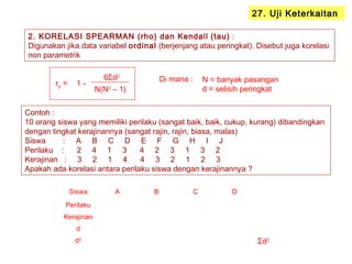 2. KORELASI SPEARMAN (rho) dan Kendall (tau) :
Digunakan jika data variabel ordinal (berjenjang atau peringkat). Disebut juga korelasi
non parametrik
27. Uji Keterkaitan
rp = 1 -
6Σd2
N(N2
– 1)
N = banyak pasangan
d = selisih peringkat
Di mana :
Contoh :
10 orang siswa yang memiliki perilaku (sangat baik, baik, cukup, kurang) dibandingkan
dengan tingkat kerajinannya (sangat rajin, rajin, biasa, malas)
Siswa : A B C D E F G H I J
Perilaku : 2 4 1 3 4 2 3 1 3 2
Kerajinan : 3 2 1 4 4 3 2 1 2 3
Apakah ada korelasi antara perilaku siswa dengan kerajinannya ?
Siswa A B C D
Perilaku
Kerajinan
d
d2
Σd2
 