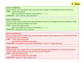 4. Data
DATA NOMINAL :
Data berskala nominal adalah data yang diperoleh dengan cara kategorisasi atau klasifikasi.
CIRI : posisi data setara
tidak bisa dilakukan operasi matematika (+, -, x, :)
CONTOH : jenis kelamin, jenis pekerjaan
DATA ORDINAL :
Data berskala ordinal adalah data yang dipeoleh dengan cara kategorisasi atau klasifikasi, tetapi
di antara data tersebut terdapat hubungan
CIRI : posisi data tidak setara
tidak bisa dilakukan operasi matematika (+, -, x, :)
CONTOH : kepuasan kerja, motivasi
DATA INTERVAL :
Data berskala interval adalah data yang diperoleh dengan cara pengukuran, di mana jarak antara
dua titik skala sudah diketahui.
CIRI : Tidak ada kategorisasi
bisa dilakukan operasi matematika
CONTOH : temperatur yang diukur berdasarkan 0
C dan 0
F, sistem kalender
DATA RASIO :
Data berskala rasio adalah data yang diperoleh dengan cara pengukuran, di mana jarak antara
dua titik skala sudah diketahui dan mempunyai titik 0 absolut.
CIRI : tidak ada kategorisasi
bisa dilakukan operasi matematika
CONTOH : gaji, skor ujian, jumlah buku
 
