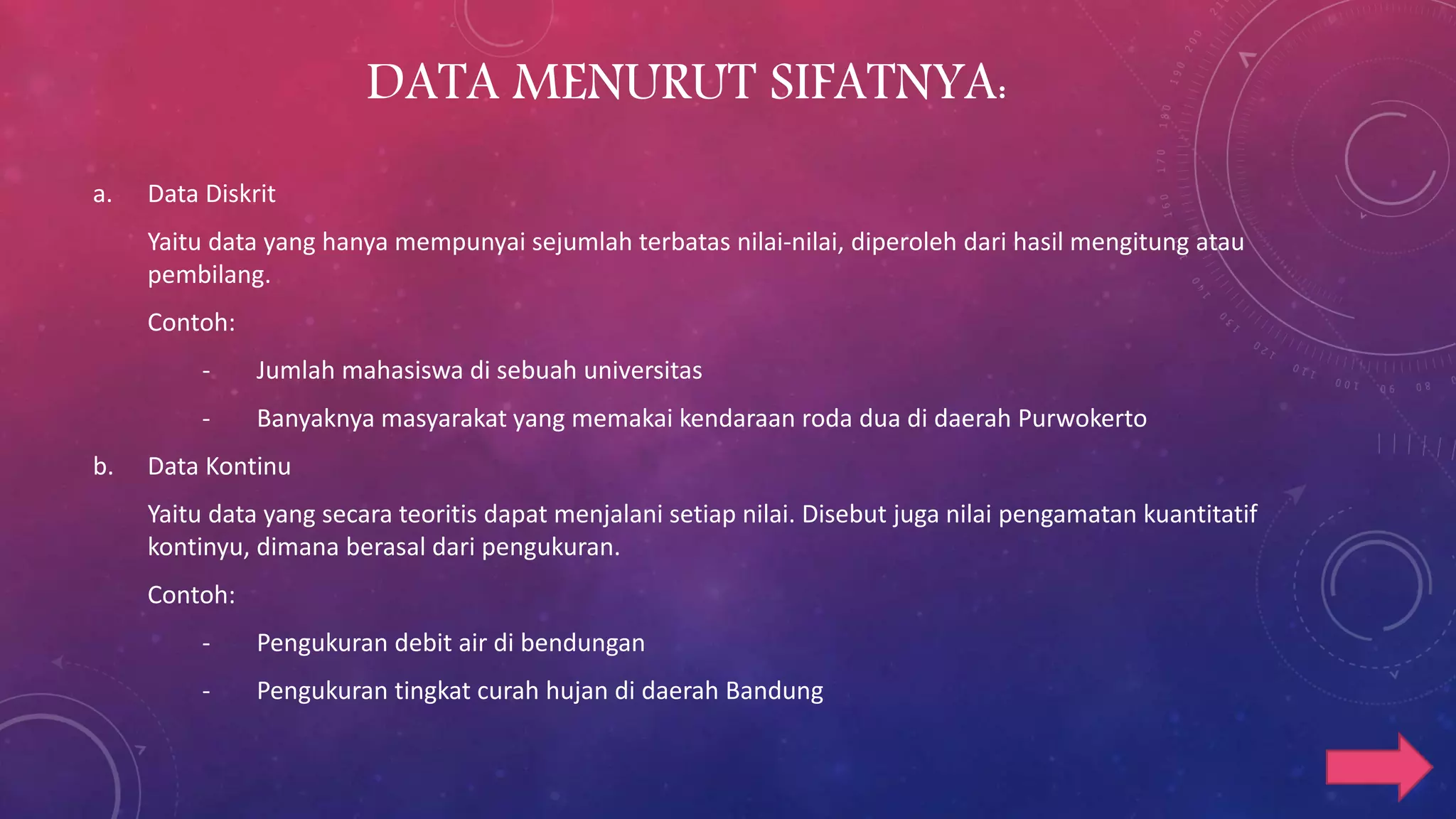 DATA MENURUT SIFATNYA:
a. Data Diskrit
Yaitu data yang hanya mempunyai sejumlah terbatas nilai-nilai, diperoleh dari hasil mengitung atau
pembilang.
Contoh:
- Jumlah mahasiswa di sebuah universitas
- Banyaknya masyarakat yang memakai kendaraan roda dua di daerah Purwokerto
b. Data Kontinu
Yaitu data yang secara teoritis dapat menjalani setiap nilai. Disebut juga nilai pengamatan kuantitatif
kontinyu, dimana berasal dari pengukuran.
Contoh:
- Pengukuran debit air di bendungan
- Pengukuran tingkat curah hujan di daerah Bandung
 