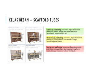KELAS BEBAN – SCAFFOLD TUBES
Light duty scaffolding umumnya digunakan untuk
pekerjaan plester, pengecatan, membersihkan
permukaan pasangan batu dll.
Medium duty scaffolding umumnya digunakan untuk
pekerjaan pasangan batu dari material ringan,
memasang jenedela dll.
Special duty scaffolding umumnya digunakan untuk
pekerjaan pasangan batu dari material yang berat
semisal batako concrete hollow block dll.
 