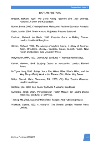 87Direktorat Pembinaan SMK 2013
Pengetahuan Teater 2
DAFTAR PUSTAKA
Brestoff, Richard, 1995. The Great Acting Teachers and Their Methods.
Hanover: A Smith and Kraus Book
Burton, Bruce, 2006. Creating Drama. Melbourne: Pearson Education Australia
Esslin, Martin. 2008. Teater Absurd. Mojokerto: Pustaka Banyumili
Fredman, Richard, Ian Riede, 1996. Essential Guide to Making Theater.
London: Hodder & Stoughton
Gilman, Richard, 1999. The Making of Modern Drama, A Study of Buchner,
Ibsen, Strindberg, Chekov, Pirandello, Brecht, Beckett, Handk., New
Haven and London: Yale University Press
Harymawan, RMA, 1993. Dramaturgi. Bandung: PT Remaja Rosda Karya.
Kelsall, Malcolm, 1985. Studying Drama an Introduction. London: Edward
Arnold
McTigue, Mary,1992. Acting Like a Pro, Who’s Who, What’s What, and the
Way Things Really Work in the Theatre. Ohio: Better Way Books.
Mitter, Shomit, Maria Shevtsova, Ed., 2005, Fifty Key Theatre Directors.
London: routledge.
Santosa, Eko, 2008. Seni Teater SMK Jilid 1. Jakarta: Depdiknas
Sumardjo, Jakob, 2004. Perkembangan Teater Modern dan Sastra Drama
Indonesia, Bandung: STSI Press.
Thanegi Ma, 2008. Myanmar Marionette. Yangon: Asia Publishing House.
Wickham, Glynne, 1992. A History of The Theatre. London: Phaidon Press
Limited.
 