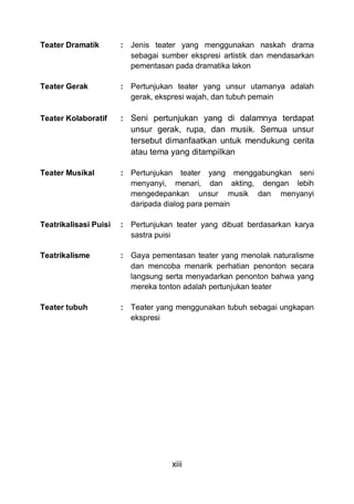 xiii
Teater Dramatik : Jenis teater yang menggunakan naskah drama
sebagai sumber ekspresi artistik dan mendasarkan
pementasan pada dramatika lakon
Teater Gerak : Pertunjukan teater yang unsur utamanya adalah
gerak, ekspresi wajah, dan tubuh pemain
Teater Kolaboratif : Seni pertunjukan yang di dalamnya terdapat
unsur gerak, rupa, dan musik. Semua unsur
tersebut dimanfaatkan untuk mendukung cerita
atau tema yang ditampilkan
Teater Musikal : Pertunjukan teater yang menggabungkan seni
menyanyi, menari, dan akting, dengan lebih
mengedepankan unsur musik dan menyanyi
daripada dialog para pemain
Teatrikalisasi Puisi : Pertunjukan teater yang dibuat berdasarkan karya
sastra puisi
Teatrikalisme : Gaya pementasan teater yang menolak naturalisme
dan mencoba menarik perhatian penonton secara
langsung serta menyadarkan penonton bahwa yang
mereka tonton adalah pertunjukan teater
Teater tubuh : Teater yang menggunakan tubuh sebagai ungkapan
ekspresi
 