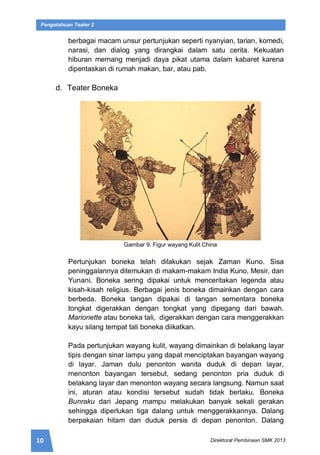 10 Direktorat Pembinaan SMK 2013
Pengetahuan Teater 2
berbagai macam unsur pertunjukan seperti nyanyian, tarian, komedi,
narasi, dan dialog yang dirangkai dalam satu cerita. Kekuatan
hiburan memang menjadi daya pikat utama dalam kabaret karena
dipentaskan di rumah makan, bar, atau pab.
d. Teater Boneka
Gambar 9. Figur wayang Kulit China
Pertunjukan boneka telah dilakukan sejak Zaman Kuno. Sisa
peninggalannya ditemukan di makam-makam India Kuno, Mesir, dan
Yunani. Boneka sering dipakai untuk menceritakan legenda atau
kisah-kisah religius. Berbagai jenis boneka dimainkan dengan cara
berbeda. Boneka tangan dipakai di tangan sementara boneka
tongkat digerakkan dengan tongkat yang dipegang dari bawah.
Marionette atau boneka tali, digerakkan dengan cara menggerakkan
kayu silang tempat tali boneka diikatkan.
Pada pertunjukan wayang kulit, wayang dimainkan di belakang layar
tipis dengan sinar lampu yang dapat menciptakan bayangan wayang
di layar. Jaman dulu penonton wanita duduk di depan layar,
menonton bayangan tersebut, sedang penonton pria duduk di
belakang layar dan menonton wayang secara langsung. Namun saat
ini, aturan atau kondisi tersebut sudah tidak berlaku. Boneka
Bunraku dari Jepang mampu melakukan banyak sekali gerakan
sehingga diperlukan tiga dalang untuk menggerakkannya. Dalang
berpakaian hitam dan duduk persis di depan penonton. Dalang
 