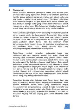 15Direktorat Pembinaan SMK 2013
Pengetahuan Teater 2
5. Rangkuman
Teater dramatik merupakan pertunjukan teater yang berdasar pada
dramatika lakon yang dipentaskan. Dalam teater dramatik, perubahan
karakter secara psikologis sangat diperhatikan dan situasi cerita serta
latar belakang kejadian dibuat sedetil mungkin. Rangkaian cerita dalam
teater dramatik mengikuti alur plot dengan ketat. Teater dramatik juga
bisa dikatakan sebagai teater yang sumber dasar ekspresinya adalah
naskah drama atau lakon. Oleh karena itu, kekuatan teater dramatik
adalah dialog tokoh-tokohnya. Aliran cerita tersaji melalui kata-kata.
Teater gerak merupakan pertunjukan teater yang unsur utamanya adalah
gerak, ekspresi wajah, dan tubuh pemain. Penggunaan dialog sangat
dibatasi atau bahkan dihilangkan. Teater gerak yang paling populer dan
bertahan sampai saat ini adalah pantomim. Di Indonesia teater gerak
selain pantomim adalah drama tari dan sendratari. Dalam
perkembangan teater modern dewasa ini, keterkaitan antara teater dan
tari melahirkan teater tubuh. Sebuah ekspresi teater yang
mengedepankan gerak dan eksplorasi tubuh pemain.
Teater/drama musikal merupakan pertunjukan teater yang
menggabungkan seni menyanyi, menari, dan akting. Musik dan
menyanyi lebih diutamakan daripada dialog pemain. Disebut drama
musikal karena memang latar belakangnya adalah karya musik yang
bercerita seperti The Cats karya Andrew Lloyd Webber. Opera adalah
jenis drama musikal yang memiliki sejarah panjang dan terkenal. Dalam
opera dialog para tokoh dinyanyikan dengan iringan musik orkestra dan
lagu seriosa. Kabaret juga dapat dikategorikan dalam pertunjukan teater
musikal. Kabaret lebih mengutamakan pertunjukan sebagai sebuah
hiburan dengan berbagai macam unsur seperti nyanyian, tarian, komedi,
narasi, dialog yang dirangkai dalam satu cerita.
Pertunjukan boneka telah dilakukan sejak Zaman Kuno. Salah satu
teater boneka yang memiliki sejarah panjang adalah marionette. Teater
boneka marionette adalah boneka yang dikendalikan dengan
menggunakan tali. Sampai sekarang tercatat 3 model marionette yang
masih bertahan dan terus dimainkan yaitu; Sicilia, Czech, dan Myanmar.
Teater boneka di Jepang yang terkenal adalah bunraku. Di Indonesia kita
mengenal wayang kulit dan wayang golek dalam khasanah teater
boneka.
 