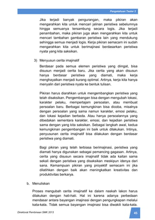 45Direktorat Pembinaan SMK 2013
Pengetahuan Teater 2
Jika terjadi banyak pengurangan, maka pikiran akan
mengarahkan kita untuk mencari jalinan peristiwa sebelumnya
hingga semuanya tersambung secara logis. Jika terjadi
penambahan, maka pikiran juga akan mengarahkan kita untuk
mencari tambahan gambaran peristiwa lain yang mendukung
sehingga semua menjadi logis. Kerja pikiran semacam ini sudah
mengarahkan kita untuk berimajinasi berdasarkan peristiwa
nyata yang kita saksikan.
3) Menyusun cerita imajinatif
Berdasar pada semua elemen peristiwa yang diingat, bisa
disusun menjadi cerita baru. Jika cerita yang akan disusun
hanya berdasar peristiwa yang diamati, maka kerja
menghayalkan menjadi kurang optimal. Artinya, kerja kita hanya
menyalin dari peristiwa nyata ke bentuk tulisan.
Pikiran harus diarahkan untuk mengembangkan peristiwa yang
telah disaksikan. Pengembangan bisa dengan mengubah lokasi,
karakter pelaku, mempertajam persoalan, atau membuat
persoalan baru. Berbagai kemungkinan bisa dicoba, misalnya
dengan persoalan yang sama namun karakter, emosi pelaku,
dan lokasi kejadian berbeda. Atau hanya persoalannya yang
dibedakan sementara karakter, emosi, dan kejadian peristiwa
sama dengan yang kita saksikan. Sebagai langkah awal, kedua
kemungkinan pengembangan ini baik untuk dilakukan. Intinya,
penyusunan cerita imajinatif bisa dilakukan dengan berdasar
peristiwa yang diamati.
Bagi pikiran yang telah terbiasa berimajinasi, peristiwa yang
diamati hanya digunakan sebagai pemancing gagasan. Artinya,
cerita yang disusun secara imajinatif tidak ada kaitan sama
sekali dengan peristiwa yang disaksikan meskipun idenya dari
sana. Kemampuan pikiran yang proyektif semacam ini jika
dilatihkan dengan baik akan meningkatkan kreativitas dan
produktivitas berkarya.
b. Menuliskan
Proses mengubah cerita imajinatif ke dalam naskah lakon harus
dilakukan dengan hati-hati. Hal ini karena adanya perbedaan
mendasar antara bayangan imajinasi dengan pengungkapan melalui
kata-kata. Tidak semua bayangan imajinasi bisa diwakili kata-kata.
 