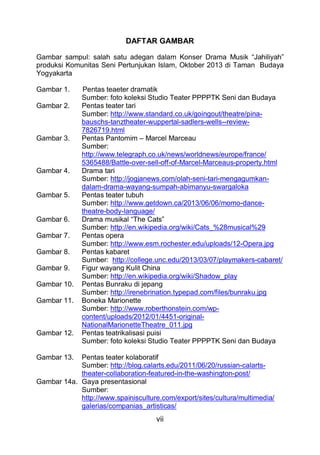 vii
DAFTAR GAMBAR
Gambar sampul: salah satu adegan dalam Konser Drama Musik “Jahiliyah”
produksi Komunitas Seni Pertunjukan Islam, Oktober 2013 di Taman Budaya
Yogyakarta
Gambar 1. Pentas teaeter dramatik
Sumber: foto koleksi Studio Teater PPPPTK Seni dan Budaya
Gambar 2. Pentas teater tari
Sumber: http://www.standard.co.uk/goingout/theatre/pina-
bauschs-tanztheater-wuppertal-sadlers-wells--review-
7826719.html
Gambar 3. Pentas Pantomim – Marcel Marceau
Sumber:
http://www.telegraph.co.uk/news/worldnews/europe/france/
5365488/Battle-over-sell-off-of-Marcel-Marceaus-property.html
Gambar 4. Drama tari
Sumber: http://jogjanews.com/olah-seni-tari-mengagumkan-
dalam-drama-wayang-sumpah-abimanyu-swargaloka
Gambar 5. Pentas teater tubuh
Sumber: http://www.getdown.ca/2013/06/06/momo-dance-
theatre-body-language/
Gambar 6. Drama musikal “The Cats”
Sumber: http://en.wikipedia.org/wiki/Cats_%28musical%29
Gambar 7. Pentas opera
Sumber: http://www.esm.rochester.edu/uploads/12-Opera.jpg
Gambar 8. Pentas kabaret
Sumber: http://college.unc.edu/2013/03/07/playmakers-cabaret/
Gambar 9. Figur wayang Kulit China
Sumber: http://en.wikipedia.org/wiki/Shadow_play
Gambar 10. Pentas Bunraku di jepang
Sumber: http://irenebrination.typepad.com/files/bunraku.jpg
Gambar 11. Boneka Marionette
Sumber: http://www.roberthonstein.com/wp-
content/uploads/2012/01/4451-original-
NationalMarionetteTheatre_011.jpg
Gambar 12. Pentas teatrikalisasi puisi
Sumber: foto koleksi Studio Teater PPPPTK Seni dan Budaya
Gambar 13. Pentas teater kolaboratif
Sumber: http://blog.calarts.edu/2011/06/20/russian-calarts-
theater-collaboration-featured-in-the-washington-post/
Gambar 14a. Gaya presentasional
Sumber:
http://www.spainisculture.com/export/sites/cultura/multimedia/
galerias/companias_artisticas/
 