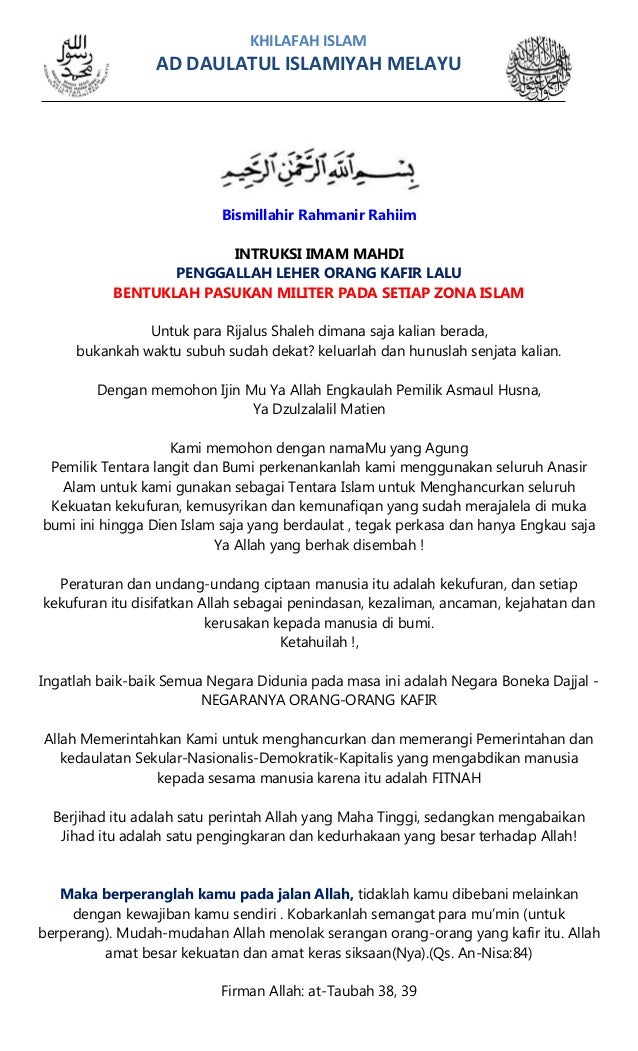 Intruksi Imam Mahdi: Penggalah Leher Orang Kafir