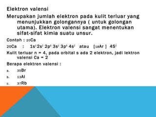 Elektron valensi
Merupakan jumlah elektron pada kulit terluar yang
menunjukkan golongannya ( untuk golongan
utama). Elektron valensi sangat menentukan
sifat-sifat kimia suatu unsur.
Contoh : 20 Ca
20 Ca
: 1s 2 2s 2 2p 6 3s 2 3p 6 4s 2 atau [ 18 Ar ] 4S 2
Kulit terluar n = 4, pada orbital s ada 2 elektron, jadi lektron
valensi Ca = 2
Berapa elektron valensi :
a.
35 Br
b.
13 Al
c.
37 Rb

 
