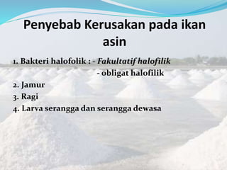Penyebab Kerusakan pada ikan
asin
1. Bakteri halofolik : - Fakultatif halofilik
- obligat halofilik
2. Jamur
3. Ragi
4. Larva serangga dan serangga dewasa
 