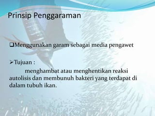 Prinsip Penggaraman
Menggunakan garam sebagai media pengawet
Tujuan :
menghambat atau menghentikan reaksi
autolisis dan membunuh bakteri yang terdapat di
dalam tubuh ikan.
 