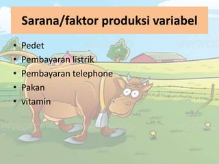 Sarana/faktor produksi variabel
•
•
•
•
•

Pedet
Pembayaran listrik
Pembayaran telephone
Pakan
vitamin

 