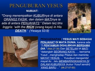 PENGUBURAN YESUSPENGUBURAN YESUS
"Orang menempatkan KUBURnya di antara
ORANG2 FASIK, dan dalam MATInya ia
ada di antara PENJAHAT2.” Dalam terj bhs
Inggris: ‘with the RICH (orang kaya) in His
DEATH.’ (Yesaya 53:9)
PENGGENAPAN: YESUS MATI SEBAGAI
PENJAHAT DI MATA DUNIA, karena ada
“2 PENYAMUN DISALIBKAN BERSAMA
DIA." (Mat.27:38) Dan SETELAH IA MATI
“datanglah SEORANG KAYA, … bernama
Yusuf…menghadap Pilatus dan meminta
MAYAT YESUS. ... Yusufpun mengambil
mayat itu…lalu MEMBARINGKANNYA DI
DALAM KUBURNYA (kubur Yusuf sendiri)
YANG BARU…” (Mt.27:57-60)
NUBUAT:
 