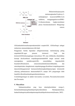 Mekanismekerjanyayaitu
                                                    statinmenghambat3-hydroxy-3-
                                      methylglutaryl         koenzimA(HMG-CoA)
                                      reduktase,       mengganggukonversiHMG-
                                      CoAkemevalonate,           tingkat-membatasi
                                      proses biosintesiskolesterol. Mengurangi
                                                                           sintesis




LDLdankatabolismedisempurnakanmelalui reseptorLDL. LDLberfungsi sebagai
mekanisme utamauntukpenurun efek lipid.
Penggunaan :Ketika digunakan sebagaimonoterapi, statintotalyang paling
ampuhdanLDL-agen            penurun           kolesterol.         Total        dan
kolesterolLDLberkurangdengan dosissebesar 30% atau lebihketika ditambahkan
keterapi diet.Kombinasi terapidenganstatindanBAR sangat rasional untuk
meningkatkan       jumlahreseptorLDL,          menyebabkan           degradasilebih
besardariLDLkolesterol,        sintesisintraselulerkolesteroldihambat,         dan
enterohepaticdaur ulangdariasam empeduterganggu.Kombinasi terapidenganstatin
danezetimibejugarasional karenaezetimibemenghambatpenyerapan kolesteroldi
seberang perbatasanusus danmenambah12% sampai 20% pengurangan lebih
lanjutbila dikombinasikandenganobatstatinlainnya.
Contohobatgolongan ini adalah Atorvastatin, Lovastatin, Pravastatin,Simvastatin
dan Fluvastatin.


F. MinyakIkan
       Sediaanminyakikan      yang     kaya      akantrigliseridalaut     omega-3,
bermanfaatdalampengobatanhipertrigliseridemiaberat.             Meskipundemikian,
kadand-kadangminyakikandapatmemperburukhiperkolesteromia(Susanto, 2007).
 