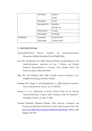 Lovastatin          Lipovas
                                                 Lotyn
                             Pitavastain         Livalo
                             Pravastatin Na      Koleskol
                                                 Novales 10
                             Rosuvastatin        Crestor
                             Simvastatin         Cholestat
 Kombinasi                   Ezetimibe        + Vytorin 10/10
                             Simvastatin         Vytorin 10/20



V. DAFTAR PUSTAKA

Anonim,2010.Clinical         Practice      Guideline     for   Hypercholesterolemia
      Management.Medical Associates Clinic & Health Plans.

Carr, M.C. dan Brunzell, J.D., 2004, Abdominal Obesity and Dyslipidemia in The
      MetabolicSyndrome: Importance of Type 2 Diabetes and Familial
      Combined Hyperlipidemia in Coronary Artery Disease Risk,J Clin
      Endocrinol Metab, 89(6), 2601-2602.

Dale, D.C. dan Federman, D.D., 2003, Scientific American Medicine, vol.1,
      WebMD, NewYork, pp. 669-670, 678-683.

Ginsberg, H.N., Zhang, Y., dan Hernandez-Ono, A., 2006, Metabolic Syndrome:
      Focus on Dyslipidemia, Obesity, vol. 14, 43S-45S.

Grungy, S., et al. “Implications of Recent Clinical Trials for the National
      CholesterolEducation Program Adult Treatment Panel III Guidelines”.
      Circulation, Volume 110, July 13, 2004.

National Cholesterol Education Program, 2002, Detection, Evaluation, and
      Treatment of High Blood Cholesterol in Adult (Adult Treatment Panel III),
      http://www.nhlbi.nih.gov/guidelines/cholesterol/atp3full.pdf, diakses pada
      tanggal 2 Juli 2011.
 
