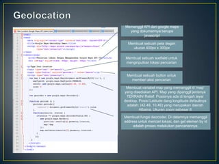 Memanggil API dari google maps
yang dokumennya berupa
javascript
Membuat sebuah peta degan
ukuran 400px x 300px
Membuat sebuah textfield untuk
menginputkan lokasi pencarian

Membuat sebuah button untuk
memberi aksi pencarian
Membuat variabel map yang memanggil id „map‟
yang disediakan API. Map yang dipanggil jenisnya
TERRAIN/ Relief. Posisinya ada di tengah layar
desktop. Posisi Latitude dang longtitude defaultnya
adalah: (42.49, 10,46) yang merupakan daerah
Albaina. Ukuran zoom sebesar 6
Membuat fungsi deocoder. Di dalamnya memanggil
address untuk mencari lokasi, dan get elemen by id
adalah proses melakukan pencariannya.

 