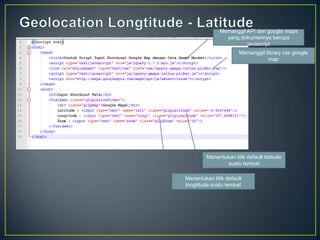 Memanggil API dari google maps
yang dokumennya berupa
javascript
Memanggil library css google
map

Menentukan titik default latitude
suatu tempat
Menentukan titik default
longtitude suatu tempat

 