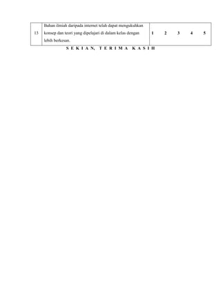 13
Bahan ilmiah daripada internet telah dapat mengukuhkan
konsep dan teori yang dipelajari di dalam kelas dengan
lebih berkesan.
1 2 3 4 5
S E K I A N, T E R I M A K A S I H
 