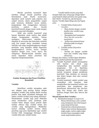 Metode penelitian kuantitatif dapat
diartikan sebagai metode penelitian yang
berlandaskan
pada
filsafat
positivisme,
digunakan untuk meneliti pada populasi atau
sampel tertentu, teknik pengambilan sampel
pada umumnya dilakukan secara random,
pengumpulan data menggunakan instrumen
penelitian,
analisis
data
bersifat
kuantitatif/statistik dengan tujuan untuk menguji
hipotesis yang telah ditetapkan.
Salah satu metode kuantitatif yang
banyak digunakan untuk analisis data adalah
dengan menggunakan statistika. Namun
sayangnya, materi-materi statistika yang
diajarkan di universitas dan buku-buku statistika
yang kita jumpai hanya membahas tentang
statistika saja tanpa menghubungkannya dengan
penelitian. yang diajarkan adalah bagaimana
menghitungmean, median, modus, menguji
hipotesis dengan t-test, F-test, anova, dan
sebagainya. Metode-metode statistika yang
umum digunakan dalam penelitian dan
bagaiman menginterpretasikan.

Gambar Komponen dan Proses Penelitian
Kuantitatif
Variabel
Identifikasi variable merupakan salah
satu tahapan yang penting karena dengan
mengenal variabel yang sedang diteliti seorang
peneliti akan dapat memahami hubungan dan
makna variable-variabel yang sedang ditelitinya.
Memanipulasi variable juga perlu dilakukan
untuk memberikan suatu perlakuan pada
variabel bebas dengan tujuan peneliti dapat
melihat efeknya bagi variabel terikat atau
variable yang dipengaruhinya. Melakukan
kontrol terhadap variabel tertentu dalam
penelitian juga perlu diperhatikan agar variabel
tersebut tidak mengganggu hubungan antara
variable bebas dan variabel terikat.

Variabel adalah sesuatu yang akan
menjadi objek atau sering juga sebagai faktor
yang berperan dalam peristiwa atau gejala yang
akan diteliti. Variabel itu, ada bermacammacam. Variable dapat dibagi atas dua bagian
yaitu:
1. Variabel bebas (Independent
Variable)
– Biasa disebut dengan variabel
prediksi atau variabel yang
sebenarnaya.
– Merupakan hasil manipulasi
Those that the researcher
manipulates
– Atribut atau potensial kasus
diberikan pada investigasi
penelitian.
2. Variable terikat (Dependent
Variable)
– Disebut jua dengan variable
luara atau variable yang bukan
sebenarnya.
Ditinjau dari sifatnya variabel dapat dibedakan
menjadi variabel kualitatif dan kuantitatif.
(1) Variabel Kualitatif adalah menunjukkan
sifat
kualitas
dari
obyek
yang
menghasilkan data kualitatif melalui
pengamatan.
Hal
ini
diperlukan
mengingat metode statistika merupakan
metode komputasi dengan pendekatan
kuantitatif. Data demikian ini termasuk
data diskrit dengan skala ukur nominal
atau ordinal.
(2) Variabel kuantitatif, adalah variabel yang
menujukkan
sifat
kuantitas,
akan
menghasilkan data kuantitatif melalui cara
pencacahan, atau pengukuran, atau
pemeriksaan laboratorium dan lain-lain,
yang bisa berupa data diskrit atau
kontinyu dengan skala ukur interval dan
rasio.
Macam-macam Data Variabel :
Berdasarkan katagori (Categorical)
- Binary/dichotomous yaitu variabel
yang mempunyai dua nilai kategori
yang saling berlawanan.
- Nominal/non-ordered polytomous.
Dalam skala nominal dipergunakan
angka-angka, namun angka-angka
tersebut hanya merupakan tanda
untuk mepermudah analisis.

 