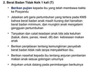 2. Berat Badan Tidak Naik 1 kali (T) 
• Berikan pujian kepada ibu yang telah membawa balita 
ke Posyandu 
• Jelaskan arti garis pertumbuhan yang tertera pada KMS 
bahwa berat badan anak masih kurang dari kenaikan 
berat badan minimum, dan mungkin anak mengalami 
gangguan pertumbuhan 
• Tanyakan dan catat keadaan anak bila ada keluhan 
(batuk, diare, panas, rewel, dll) dan kebiasaan makan 
anak 
• Berikan penjelasan tentang kemungkinan penyebab 
berat badan tidak naik tanpa menyalahkan ibu. 
• Berikan nasehat kepada ibu tentang anjuran pemberian 
makan anak sesuai golongan umurnya 
• Anjurkan untuk datang pada penimbangan berikutnya 
 