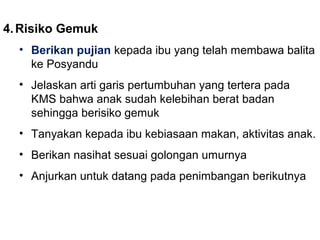 4.Risiko Gemuk 
• Berikan pujian kepada ibu yang telah membawa balita 
ke Posyandu 
• Jelaskan arti garis pertumbuhan yang tertera pada 
KMS bahwa anak sudah kelebihan berat badan 
sehingga berisiko gemuk 
• Tanyakan kepada ibu kebiasaan makan, aktivitas anak. 
• Berikan nasihat sesuai golongan umurnya 
• Anjurkan untuk datang pada penimbangan berikutnya 
 