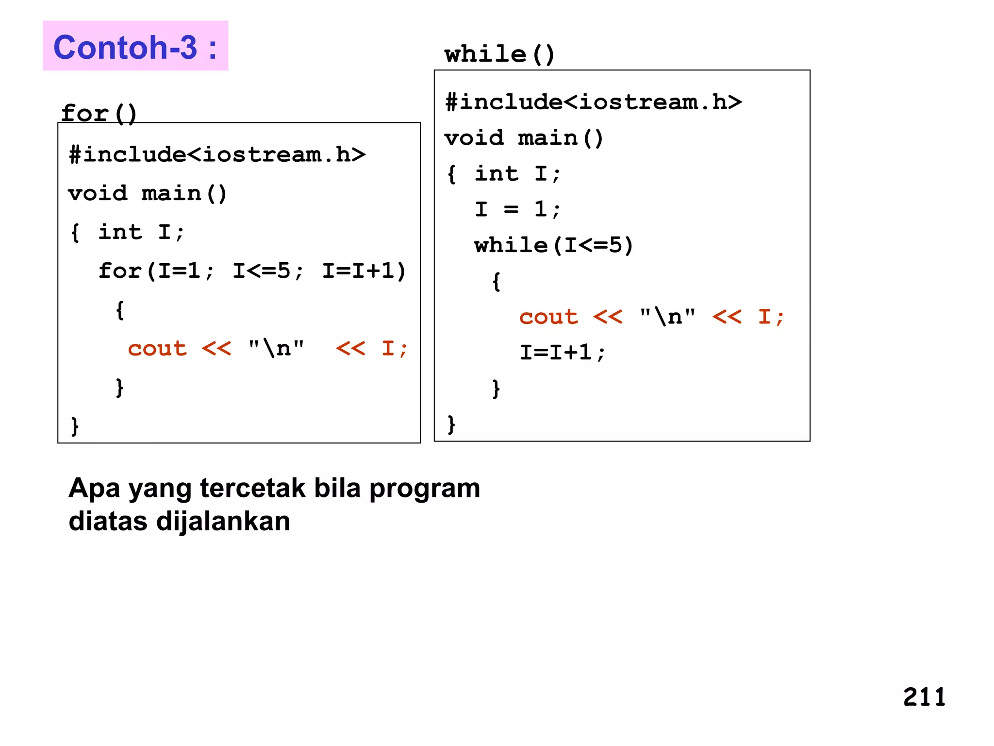 #include<iostream.h>
void main()
{ int I;
for(I=1; I<=5; I=I+1)
{
cout << "n" << I;
}
}
#include<iostream.h>
void main()
{ int I;
I = 1;
while(I<=5)
{
cout << "n" << I;
I=I+1;
}
}
for()
while()
211
Apa yang tercetak bila program
diatas dijalankan
Contoh-3 :
 