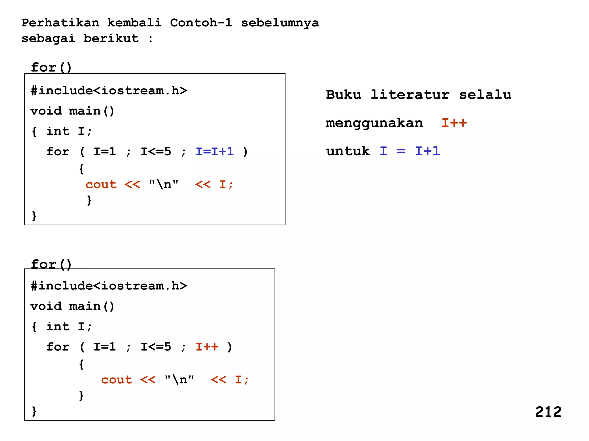 #include<iostream.h>
void main()
{ int I;
for ( I=1 ; I<=5 ; I=I+1 )
{
cout << "n" << I;
}
}
Perhatikan kembali Contoh-1 sebelumnya
sebagai berikut :
Buku literatur selalu
menggunakan I++
untuk I = I+1
for()
for()
#include<iostream.h>
void main()
{ int I;
for ( I=1 ; I<=5 ; I++ )
{
cout << "n" << I;
}
} 212
 
