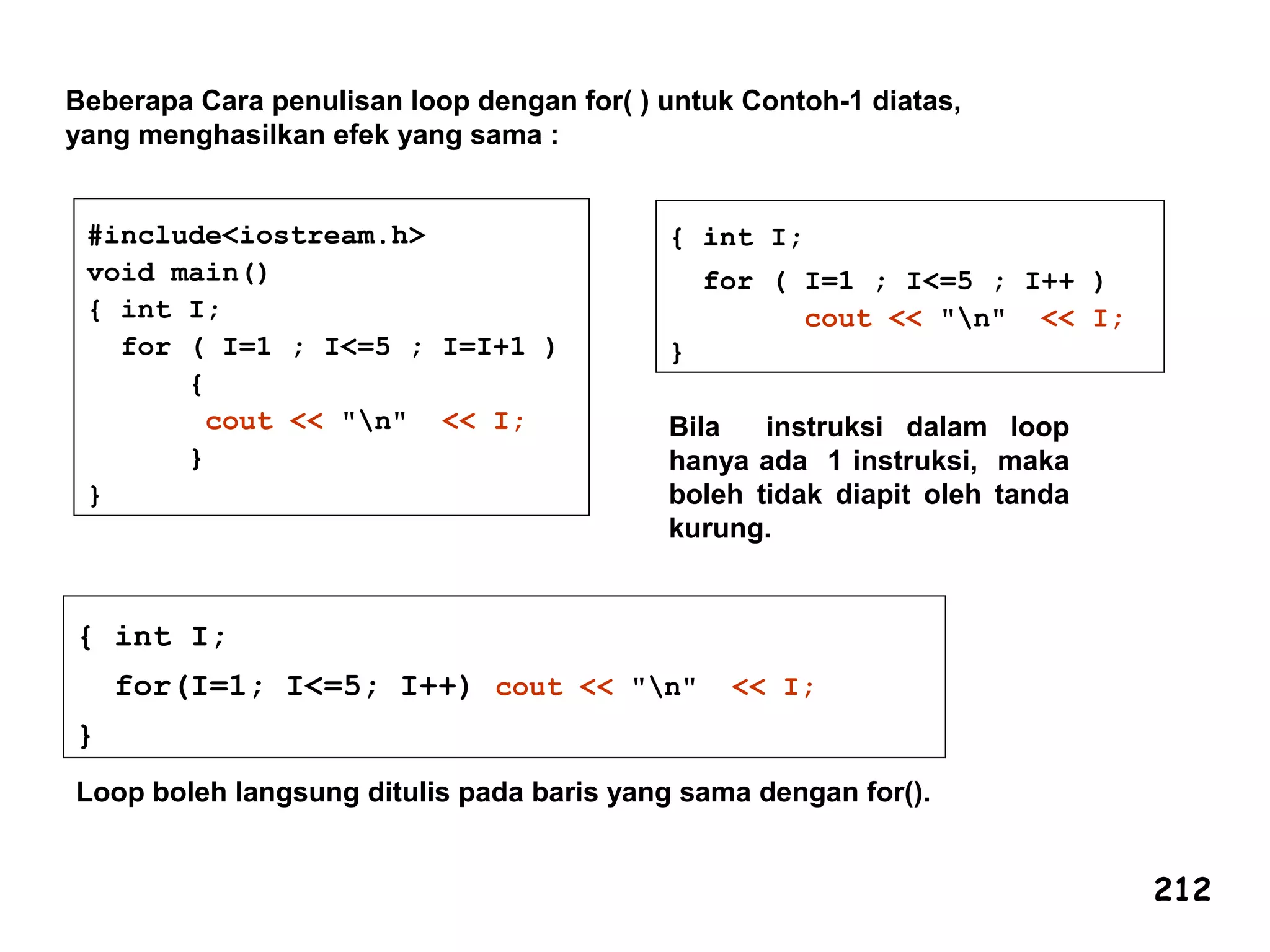 #include<iostream.h>
void main()
{ int I;
for ( I=1 ; I<=5 ; I=I+1 )
{
cout << "n" << I;
}
}
Beberapa Cara penulisan loop dengan for( ) untuk Contoh-1 diatas,
yang menghasilkan efek yang sama :
{ int I;
for ( I=1 ; I<=5 ; I++ )
cout << "n" << I;
}
Bila instruksi dalam loop
hanya ada 1 instruksi, maka
boleh tidak diapit oleh tanda
kurung.
{ int I;
for(I=1; I<=5; I++) cout << "n" << I;
}
Loop boleh langsung ditulis pada baris yang sama dengan for().
212
 