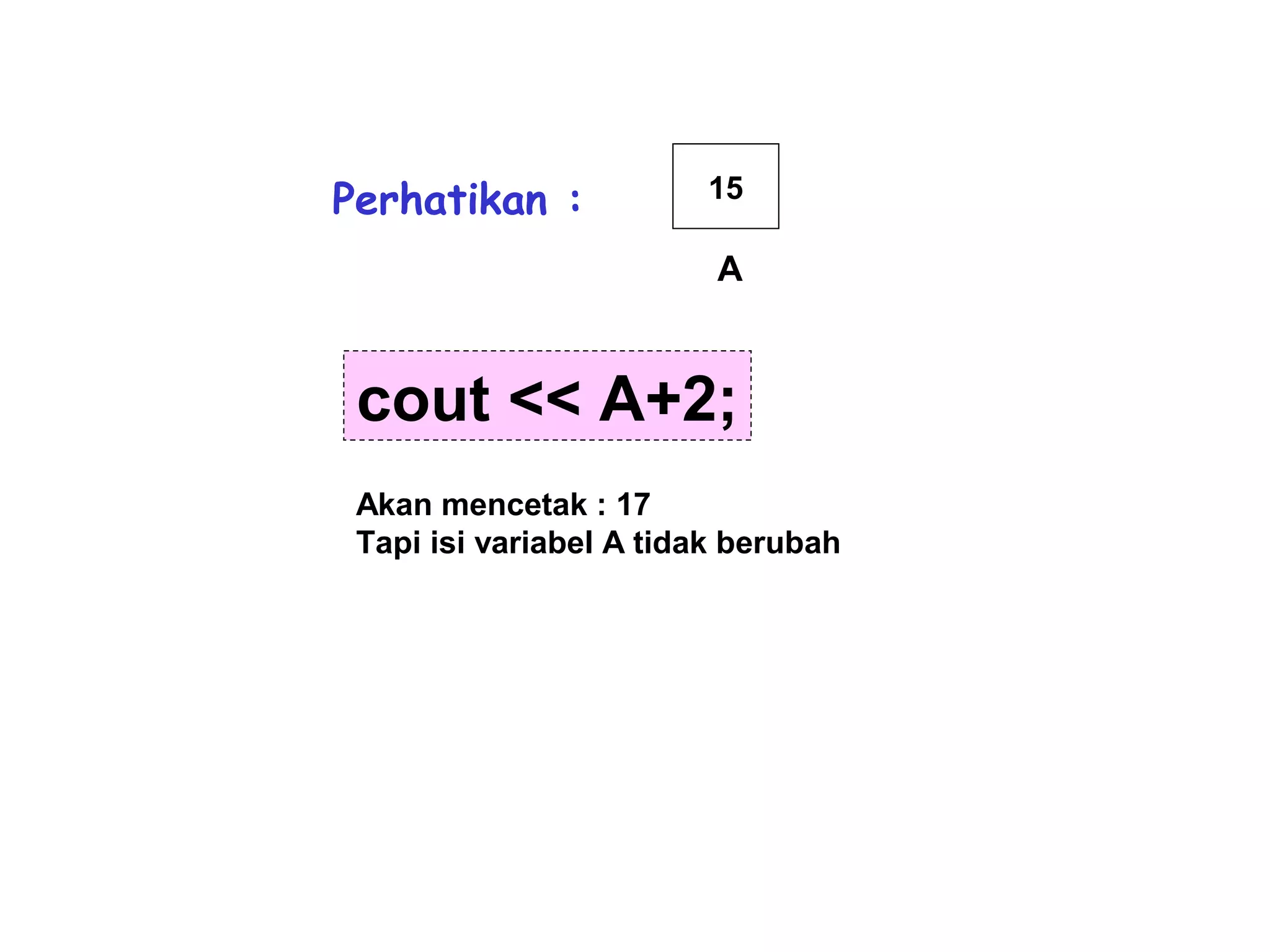 Perhatikan : 15
A
cout << A+2;
Akan mencetak : 17
Tapi isi variabel A tidak berubah
 