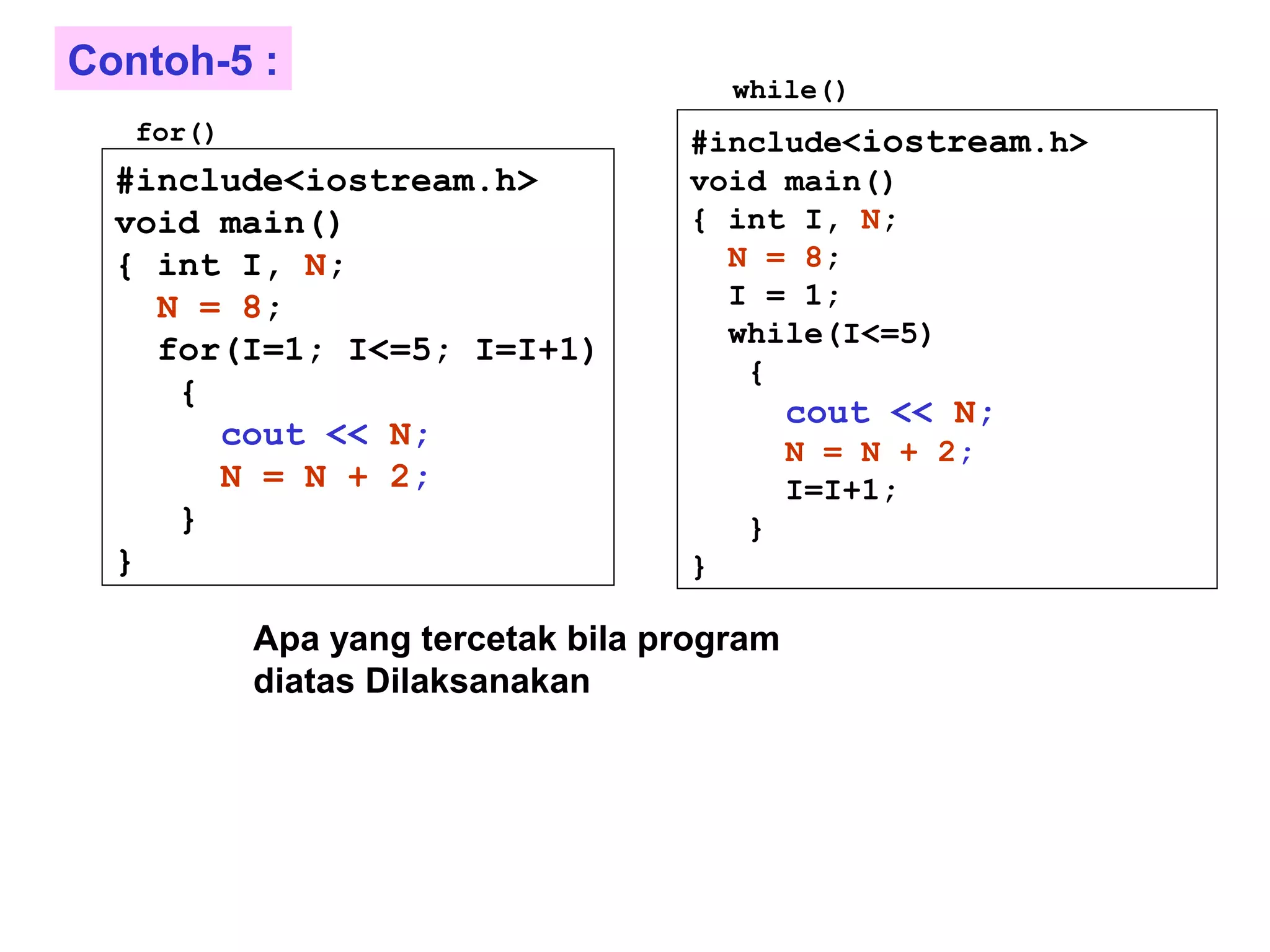 #include<iostream.h>
void main()
{ int I, N;
N = 8;
for(I=1; I<=5; I=I+1)
{
cout << N;
N = N + 2;
}
}
#include<iostream.h>
void main()
{ int I, N;
N = 8;
I = 1;
while(I<=5)
{
cout << N;
N = N + 2;
I=I+1;
}
}
for()
while()
Apa yang tercetak bila program
diatas Dilaksanakan
Contoh-5 :
 