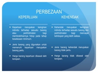 PERBEZAAN
         KEPERLUAN                                KEHENDAK

 Keperluan merupakan keinginan          Kehendak merupakan keinginan
  individu terhadap sesuatu barang        individu terhadap sesuatu barang dan
  atau        perkhidmatan    bagi        perkhidmatan       bagi    mencapai
  membolehkannya hidup pada tahap         kehidupan yang lebih selesa.
  keselesaan minimum.

 Jenis barang yang digunakan untuk
  memenuhi keperluan merupakan           Jenis barang kehendak merupakan
  barang perlu.                           barang tidak perlu.

 Harga barang keperluan dikawal oleh    Harga barang tidak dikawal oleh
  kerajaan.                               kerajaan.
 