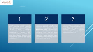 TUGAS UTAMA SPANNING TREE PROTOCOL(STP)
1
• Menghentikan terjadinya loop-
loop network pada network
layer 2 (bridge atau switch). STP
secara terus menerus
memonitor network untuk
menemukan semua link,
memastikan bahwa tidak ada
loop yang terjadi dengan cara
mematikan semua link yang
redundant.
2
• Problem utama yang bisa
dihindari dengan adanya STP
adalah Broadcast storms.
Broadcast storm menyebabkan
frame broadcasts (atau
multicast atau unicast yang
destination addressnya belum
diketahui oleh switch) terus
berputar-putar (looping) dalam
network tanpa henti.
3
• Menyediakan system jalur
backup & juga mencegah loop
yang tidak di inginkan pada
jaringan yang memiliki
beberapa jalur menuju ke satu
tujuan dari satu host.
 