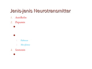 Jenis-jenis Neurotransmitter
1. Asetilkolin yang terdapat di seluruh tubuh, kecuali otak.
2. Dopamin yang terdapat di otak.
   Dopamin berperan dalam mengendalikan fungsi gerakan,
         konsentrasi, dan proses kecanduan.
   Kerusakan pada neuron dopaminergik menyebabkan:
    1.     Pakinson (akibat kekurangan dopamin)
    2.     Skizofrenia (akibat kelebihan dopamin)

3. Seretonin yang terdapat di otak.
   Seretonin dapat merangsang orang yang sedang tidur menjadi
         bermimpi.
 
