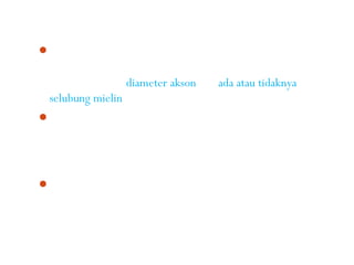 Kecepatan perjalanan gelombang perbedaan potensial pada
  serabut akson bervariasi antara 1 - 120 m per detik,
  tergantung pada diameter akson dan ada atau tidaknya
  selubung mielin.
Bila impuls telah lewat, maka untuk sementara serabut saraf
  tidak dilalui oleh impuls yang lain. Ini berarti bahwa serabut
  saraf mengalami perubahan potensial, kembali seperti semula
  (potensial istirahat).
Untuk dapat berfungsi kembali diperlukan waktu 1/500
  sampai 1/1000 detik.
 