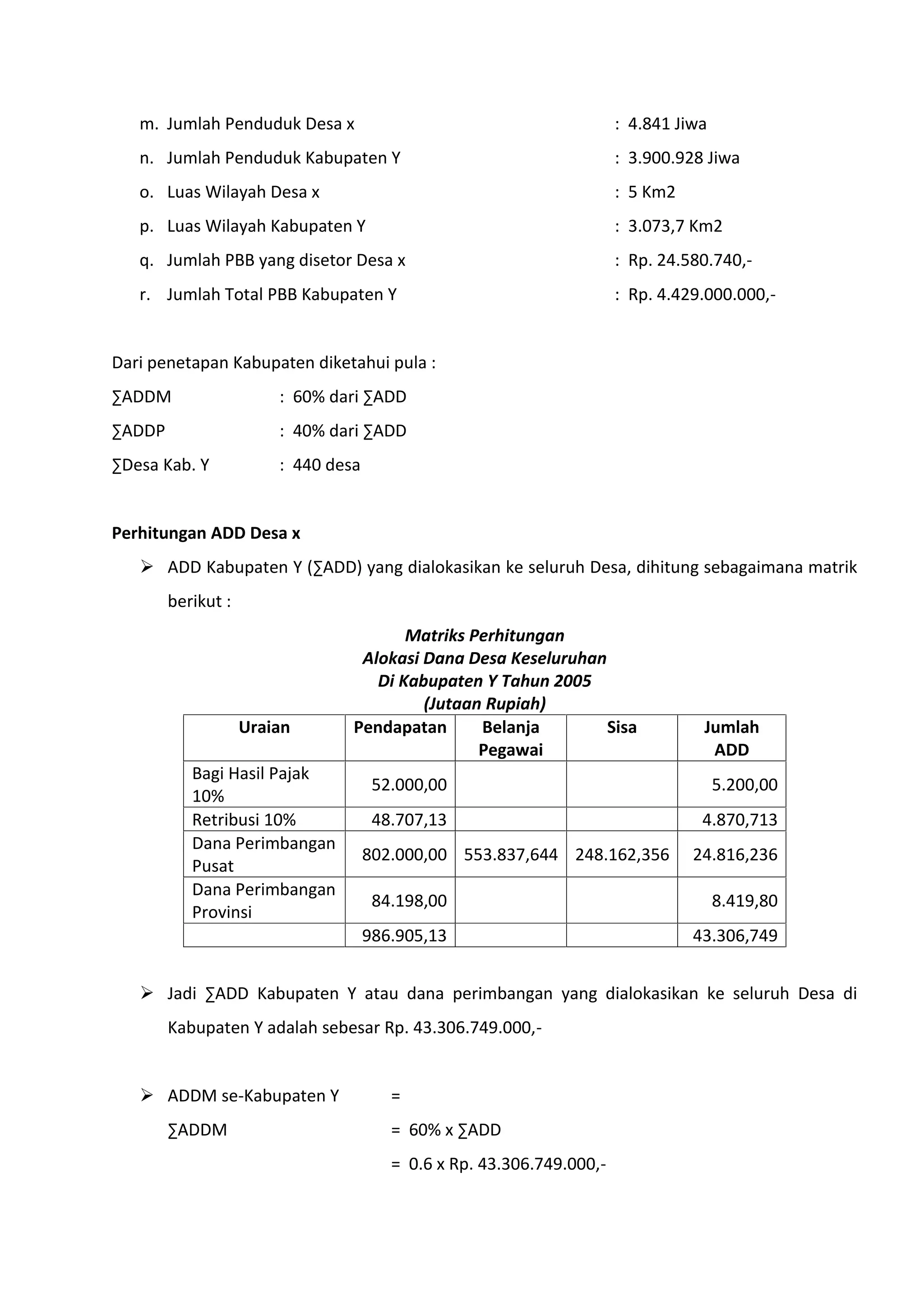 m. Jumlah Penduduk Desa x

: 4.841 Jiwa

n. Jumlah Penduduk Kabupaten Y

: 3.900.928 Jiwa

o. Luas Wilayah Desa x

: 5 Km2

p. Luas Wilayah Kabupaten Y

: 3.073,7 Km2

q. Jumlah PBB yang disetor Desa x

: Rp. 24.580.740,-

r. Jumlah Total PBB Kabupaten Y

: Rp. 4.429.000.000,-

Dari penetapan Kabupaten diketahui pula :
∑ADDM

: 60% dari ∑ADD

∑ADDP

: 40% dari ∑ADD

∑Desa Kab. Y

: 440 desa

Perhitungan ADD Desa x
 ADD Kabupaten Y (∑ADD) yang dialokasikan ke seluruh Desa, dihitung sebagaimana matrik
berikut :

Uraian
Bagi Hasil Pajak
10%
Retribusi 10%
Dana Perimbangan
Pusat
Dana Perimbangan
Provinsi

Matriks Perhitungan
Alokasi Dana Desa Keseluruhan
Di Kabupaten Y Tahun 2005
(Jutaan Rupiah)
Pendapatan
Belanja
Sisa
Pegawai

Jumlah
ADD

52.000,00

5.200,00

48.707,13

4.870,713

802.000,00 553.837,644 248.162,356

24.816,236

84.198,00

8.419,80

986.905,13

43.306,749

 Jadi ∑ADD Kabupaten Y atau dana perimbangan yang dialokasikan ke seluruh Desa di
Kabupaten Y adalah sebesar Rp. 43.306.749.000, ADDM se-Kabupaten Y
∑ADDM

=
= 60% x ∑ADD
= 0.6 x Rp. 43.306.749.000,-

 
