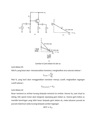 (c)
Gambar 6 Garis beban dc dan ac
Garis Beban DC
Nilai R2 yang besar akan mensaturasikan transistor, menghasilkan arus saturasi sebesar :
𝐼 𝐶(𝑠𝑎𝑡) =
𝑉𝐶𝐶
𝑅 𝐸
Nilai R2 yang kecil akan menggerakkan transistor menuju cutoff, meghasilkan tegangan
cutoff sebesar :
𝑉𝐶𝐸(𝑐𝑢𝑡𝑜𝑓𝑓) = 𝑉𝐶𝐶
Garis Beban AC
Besar resistansi ac emitter kurang daripada resistansi dc emitter. Karena itu, saat sinyal ac
dating, titik operai instan akan bergerak sepanjang garis beban ac. Karena garis beban ac
memiliki kemiringan yang lebih besar daripada garis beban dc, maka keluaran puncak ke
puncak maksimum selalu kurang daripada sumber tegangan
𝑀𝑃𝑃 ≪ 𝑉𝐶𝐶
 