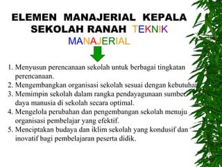 ELEMEN MANAJERIAL KEPALA
SEKOLAH RANAH TEKNIK
MANAJERIAL
1. Menyusun perencanaan sekolah untuk berbagai tingkatan
perencanaan.
2. Mengembangkan organisasi sekolah sesuai dengan kebutuhan
3. Memimpin sekolah dalam rangka pendayagunaan sumber
daya manusia di sekolah secara optimal.
4. Mengelola perubahan dan pengembangan sekolah menuju
organisasi pembelajar yang efektif.
5. Menciptakan budaya dan iklim sekolah yang kondusif dan
inovatif bagi pembelajaran peserta didik.
 