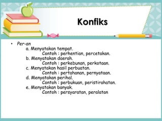 • Per-an
a. Menyatakan tempat.
Contoh : perhentian, percetakan.
b. Menyatakan daerah.
Contoh : perkebunan, perkotaan.
c. Menyatakan hasil perbuatan.
Contoh : pertahanan, pernyataan.
d. Menyatakan perihal.
Contoh : perbukuan, peristirahatan.
e. Menyatakan banyak.
Contoh : persyaratan, peralatan
Konfiks
 