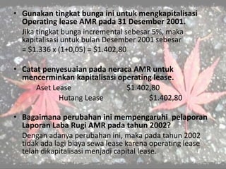 • Gunakan tingkat bunga ini untuk mengkapitalisasi
Operating lease AMR pada 31 Desember 2001.
Jika tingkat bunga incremental sebesar 5%, maka
kapitalisasi untuk bulan Desember 2001 sebesar
= $1.336 x (1+0,05) = $1.402,80
• Catat penyesuaian pada neraca AMR untuk
mencerminkan kapitalisasi operating lease.
Aset Lease $1.402,80
Hutang Lease $1.402,80
• Bagaimana perubahan ini mempengaruhi pelaporan
Laporan Laba Rugi AMR pada tahun 2002?
Dengan adanya perubahan ini, maka pada tahun 2002
tidak ada lagi biaya sewa lease karena operating lease
telah dikapitalisasi menjadi capital lease.
 