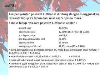 JAWAB :
Jika penyusutan pesawat Lufthansa dihitung dengan menggunakan
rata-rata hidup 25 tahun dan nilai sisa 5 persen maka :
• masa hidup rata-rata pesawat Lufthansa adalah :
aircraft cost 13.579,6
depreciable cost 12.900,6 (13.579,6 x (1-0,05))
acc.depreciation 6.679,6
acc depr/depreciable cost 51,78%
depreciable life 25 tahun
average age of aircraft 12,95 tahun (25 x 0,5178)
• biaya penyusutan jika disamakan dengan BA, maka biaya penyusutan akan menjadi =
13.579,6 x (1- 0,8) = €12,493,2
• akumulasi penyusutan = 12,95 x 0.05 x 12.493,2 = € 8.089,35
• maka aktiva berwujud jangka panjang akan diturunkan sebesar € 1.409,75
• kewajiban pajak tangguhan akan disesuaikan sebesar 35% x 1.409,75 = 493,41 dan
untuk ekuitas 0.65 x 1.409,75 = 916,34
 