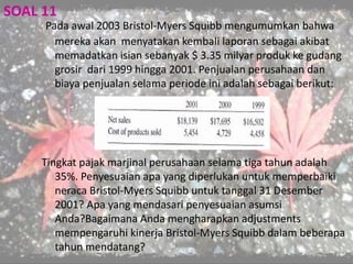 SOAL 11
Pada awal 2003 Bristol-Myers Squibb mengumumkan bahwa
mereka akan menyatakan kembali laporan sebagai akibat
memadatkan isian sebanyak $ 3.35 milyar produk ke gudang
grosir dari 1999 hingga 2001. Penjualan perusahaan dan
biaya penjualan selama periode ini adalah sebagai berikut:
Tingkat pajak marjinal perusahaan selama tiga tahun adalah
35%. Penyesuaian apa yang diperlukan untuk memperbaiki
neraca Bristol-Myers Squibb untuk tanggal 31 Desember
2001? Apa yang mendasari penyesuaian asumsi
Anda?Bagaimana Anda mengharapkan adjustments
mempengaruhi kinerja Bristol-Myers Squibb dalam beberapa
tahun mendatang?
 