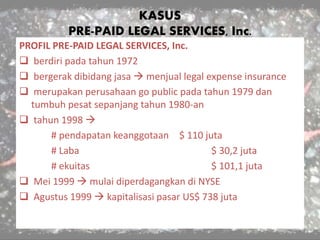 KASUS
PRE-PAID LEGAL SERVICES, Inc.
PROFIL PRE-PAID LEGAL SERVICES, Inc.
 berdiri pada tahun 1972
 bergerak dibidang jasa  menjual legal expense insurance
 merupakan perusahaan go public pada tahun 1979 dan
tumbuh pesat sepanjang tahun 1980-an
 tahun 1998 
# pendapatan keanggotaan $ 110 juta
# Laba $ 30,2 juta
# ekuitas $ 101,1 juta
 Mei 1999  mulai diperdagangkan di NYSE
 Agustus 1999  kapitalisasi pasar US$ 738 juta
 